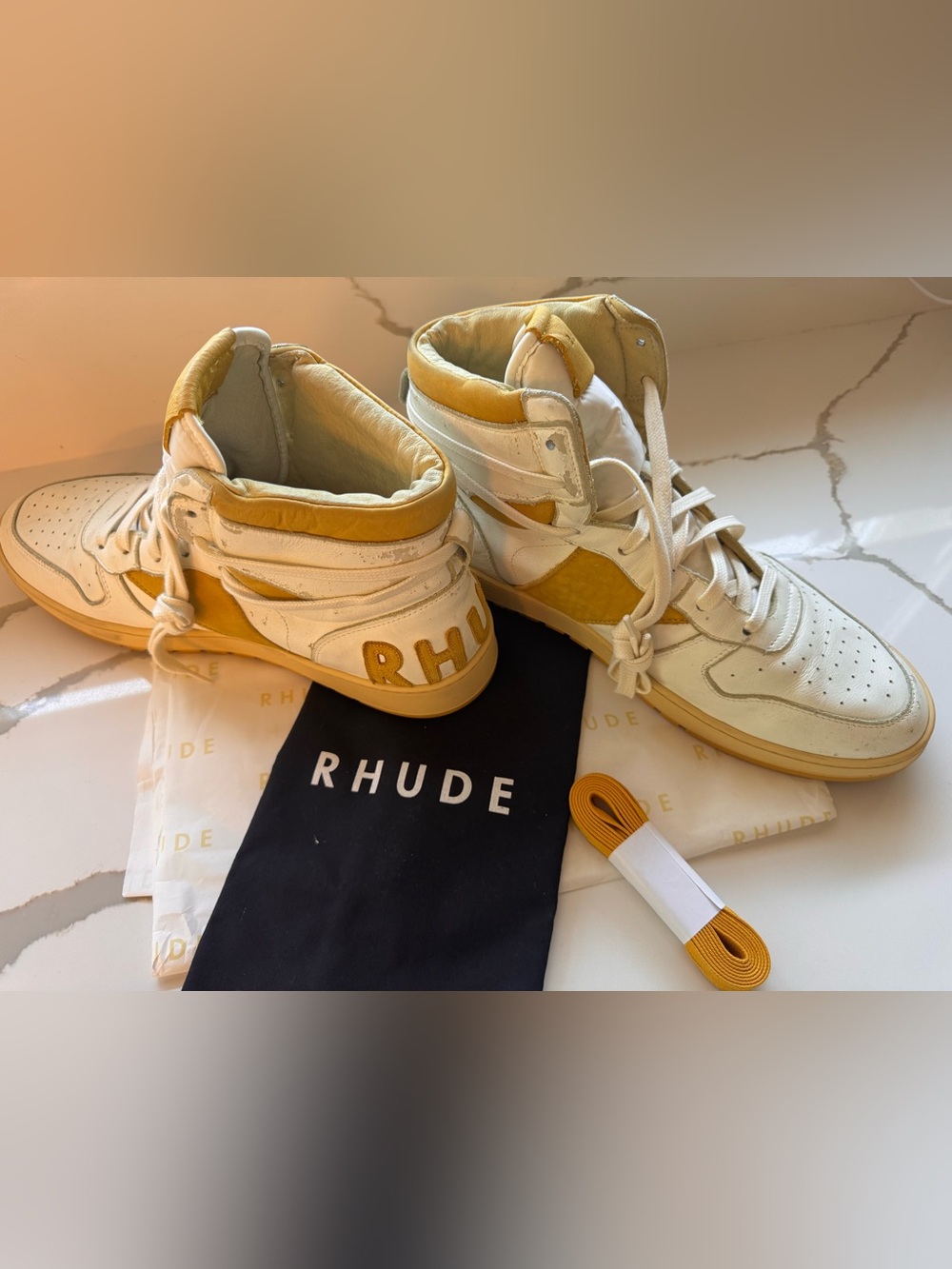Rhude Rhecess Hi White/Yellow Leather Sneakers - Size 12 - Picture 3 of 16